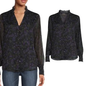 Ellie Tahari Floral Button Front Blouse Metallic Chiffon Long Sleeve Fall